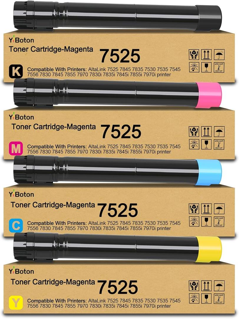 High Yield 7525 Toner Cartridge Compatible for Xerox Workcentre 7830 7835 7845 7855 7970 7525 7530 7535 7545 7556 7830i 7835i 7845i 7855i 7970i Printers (4-Pack Black Cyan Yellow Magenta (YBT-7525 BCMY)