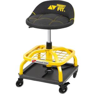 Rolling Shop Stool with Wheels, Garage Work Mechanic Stool with Backrest, Roller Mechanic Chair, Adjustable Height, 360 Swivel, Tool Tray Storage, 330 LBS Capacity, Heavy Duty, Yellow