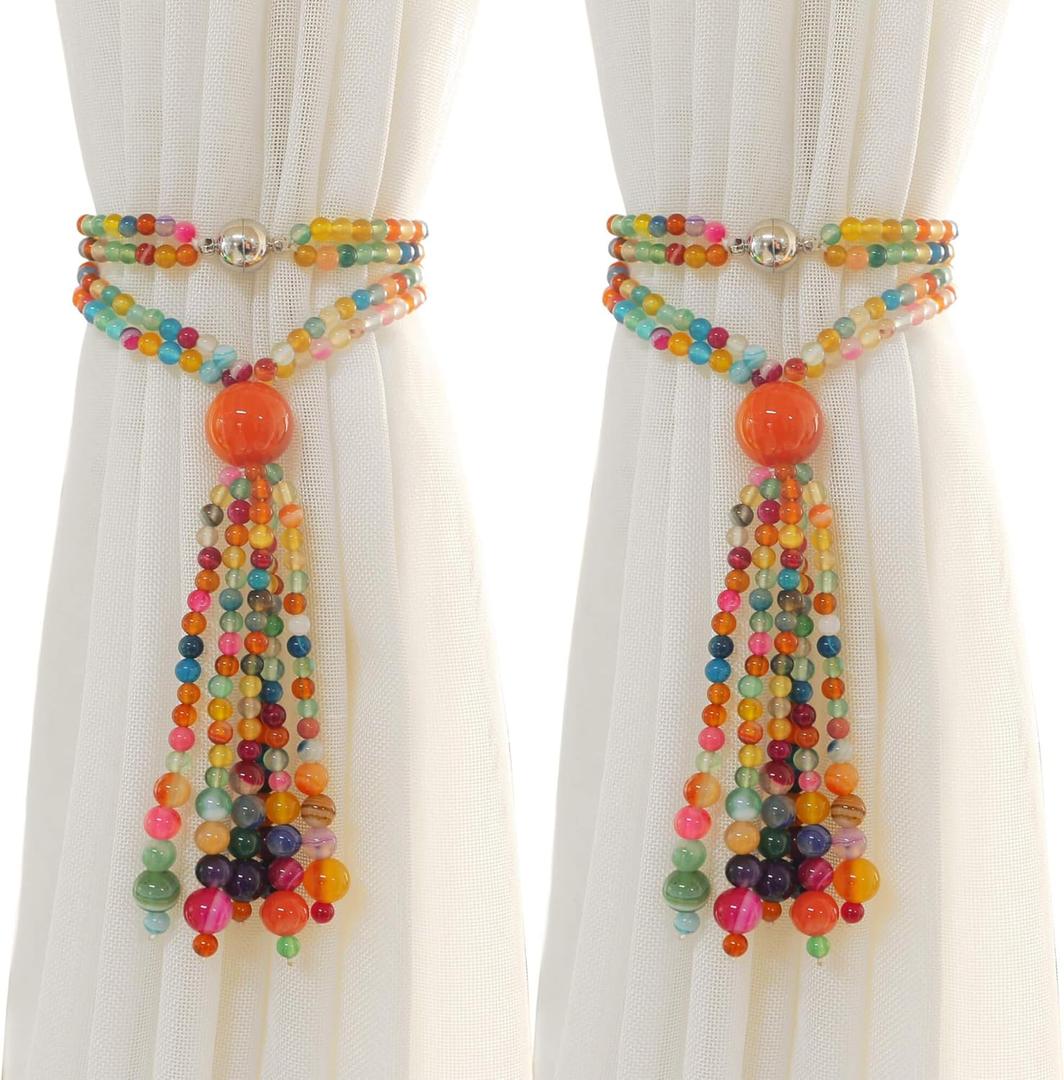 Magnetic Curtain Tiebacks, 2 Pack Colorful Agate Tassel Curtain Drapery Holdbacks, Boho Curtain Ties for Home Office Decorative