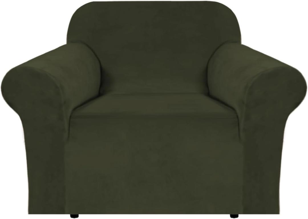 H.VERSAILTEX Stretch Velvet Armchair Cover Couch Covers 1 Cushion Chair Slipcover for Living Room Furniture Cover Crafted from Thick Comfy Rich Velour (Chair 31"-49", Olive)