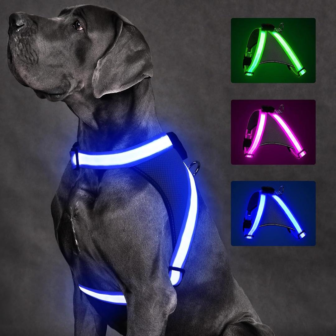 ChalkLit Light Up Dog Harness, No Pull Led Dog Harness Glow-in-The-Dark for Night Walking, USB Rechargeable Lighted Safety Vest for Medium Large Dogs, Adjustable Soft Mesh Fully Illuminated (Blue, L)
