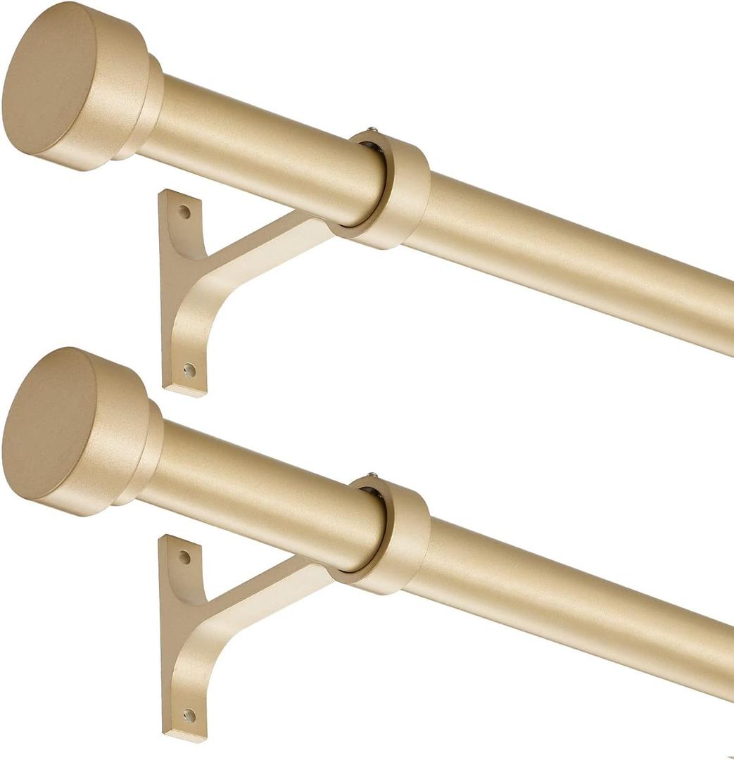 2 Pack Heavy Duty 1 Inch Diameter Single Curtain Rods 36-72 Adjustable Window Curtain Rod with Aluminum Alloy Cylindrical Cap Finials, Wall Mount and Ceiling Mount, Light Gold