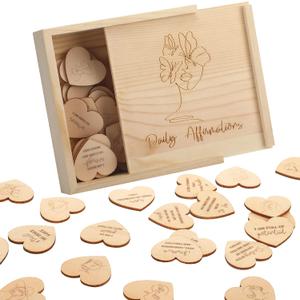 Wesiti 50 Pcs Women's Day Wooden Positive Affirmations Cards Heart Shaped Daily Affirmations Empowerment Gifts Female Lines Inspirational Gifts for Women Teacher Gift Motivational Quotes Wood Box