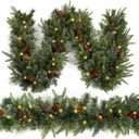 Christmas Garland Prelighted 9ft with 50 Lights, Christmas Decor with 50 Light Pine Cone Red Berries Timer for Mantle Staircase Indoor and Outdoor