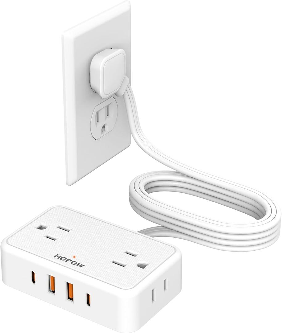 Flat Plug Extension Cord, 6 Ft Ultra Thin Power Strip with 4 AC Wide Spaced Outlets and 4 USB (2 USB-C) Ports, No Surge Protector for Cruise Ship, White Extension Cord for Travel Home Office