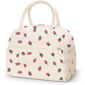 Coobiiya Corduroy Lunch Bag for Women Men, Cute Strawberry Lunch Tote Bags Insulated Reusable LunchBox Large Capacity Cooler Bag for Work Travel Picnic. Corduroy Strawberry