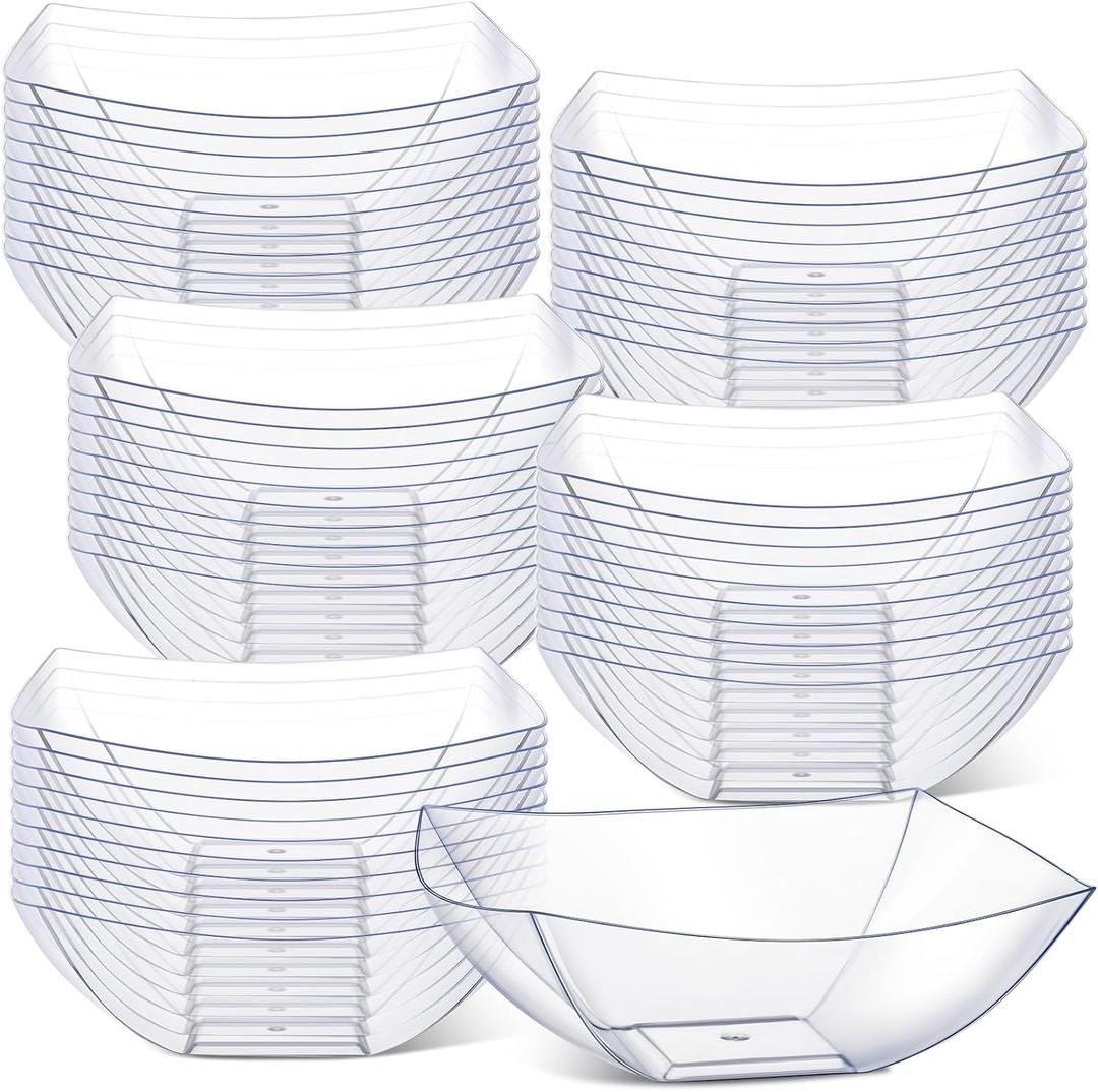 Tanlade 50 Pcs Square Plastic Serving Bowls Disposable Snack Salad Bowl Small Party Candy Bar Containers Taco Bar Serving Dishes for Buffet Chips Fruit (Clear,32 oz)
