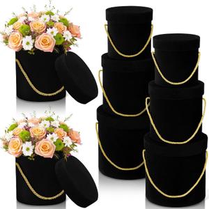 Uiifan 6 Pcs Velvet Round Flower Box with Lids Velvet Nesting Gifts Box with Handle for Mother's Day Wedding Holiday Luxury Flower Gift Arrangement Bridesmaid Birthday Party Favor(Black)