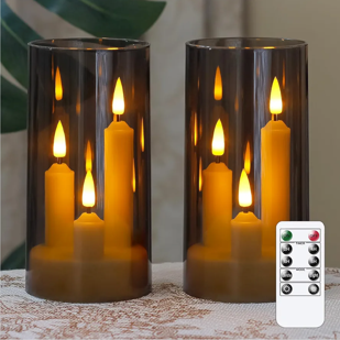 3 in 1 Flameless Taper Short Candles with 10 Key Remote Control and Timer, Battery Operated Pack of 2 LED Acrylic 3" x6" Grey Pillar Flickering Warm Light