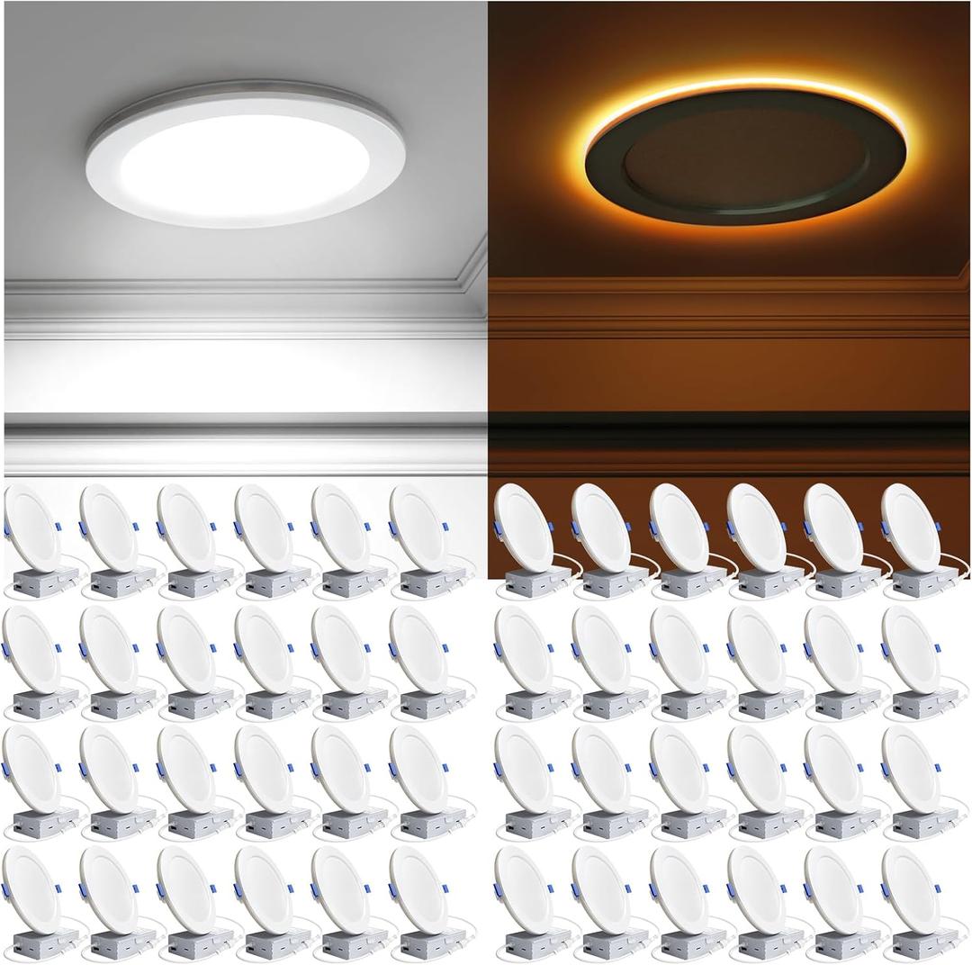 Ensenior 48 Pack 6 Inch LED Recessed Ceiling Light with Night Light, Dimmable, 2700K-5000K 5CCT, 1050LM 12W 120V, High Brightness Canless Wafer Downlight - ETL&FCC&IC