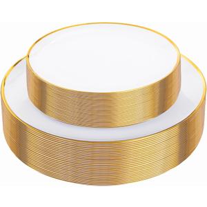 LIYH 60Pcs Gold Plastic Plates - Disposable Heavy Duty - White Plastic Disposable Plates for Party/Weddings-Include 30 White with Gold Rim Dinner Plate 30 Dessert Plate