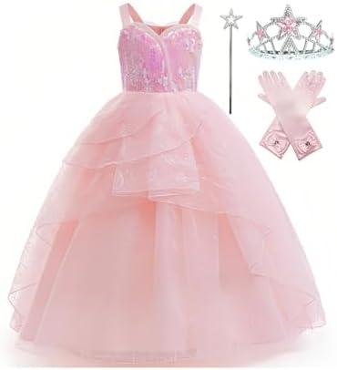 Xefenki Good Witch Glinda Costume Dress for Girls Halloween Cosplay Outfits With Crown Magic Wand and Gloves 130