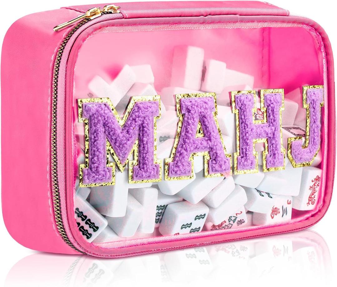 Empty Mahjong Tile Bag American PVC Clear Mahjong Case Size 166 Waterproof Zippered Storage Tile Holder Rack Bag for Game Lover Gift Travel, Case Only (Hot Pink,Mahj)
