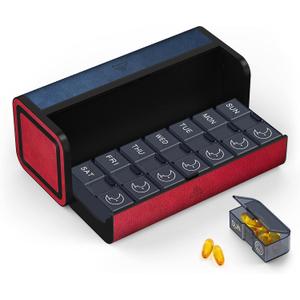 Medicine Pill Organizer, 7 Day AM PM Pill Box 2 Times a Day, Travel Leather Pill Case, Pressing The Double Opening, Holds Medication Vitamins Fish Oil and Supplements (Red and Blue)