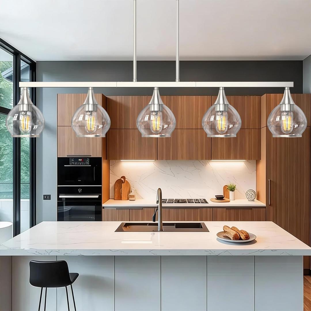 Kitchen Island Linear Pendant Light, 5-Light Modern Chandelier with Clear Glass Globe Shades, Linear Lighting Fixture Over Dining Table, Brushed Nickel