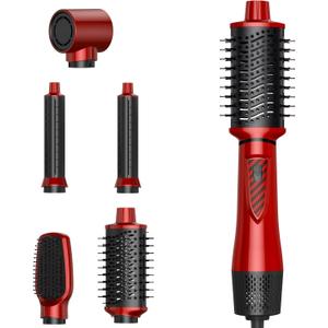 5 in 1 Air Styler Curler & Hair Dryer Brush, Low-Speed Negative Ionic Hair Styler Drying, Multi Hair Styler, Professional Blow Dryer Brush for Curling Volumizing Straightening Styling (Red+Black)