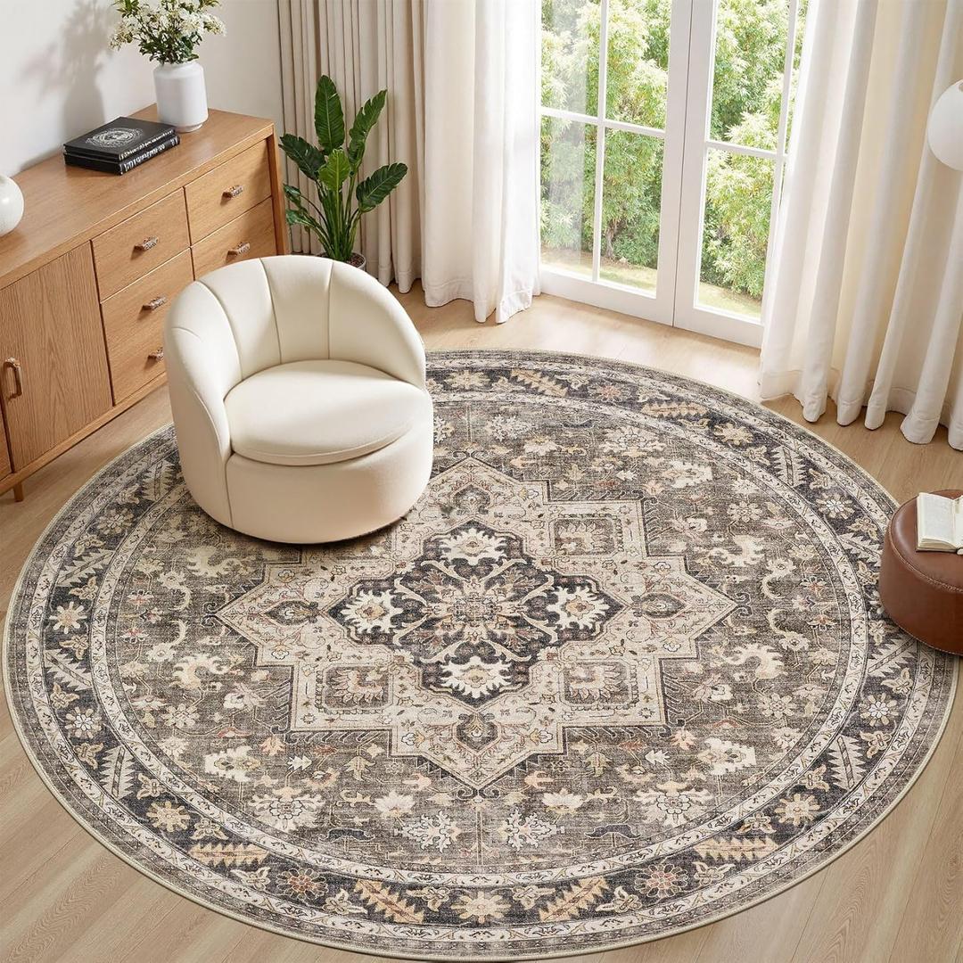 8ft Round Vintage Living Room Area Rug - 8x8 Large Soft Washable Oriental Traditional Distressed Farmhouse Rugs for Bedroom - Indoor Floor Accent Carpet for Home Office House Decor - Brown