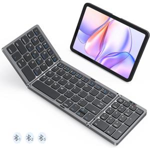 Foldable Bluetooth Keyboard, Wireless Portable Keyboard with Numeric Keypad, Rechargeable Pocket-Sized Travel Keyboards for Windows, iOS, Android Smartphone, Tablet, and Laptop, Support 3 Devices (Black Gray)