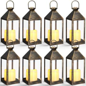 8 Pcs 10.6 Inch Decorative Candle Lanterns Bulk for Centerpieces Wedding Indoor Outdoor with LED Flameless Flickering Candle Hanging Farmhouse Lanterns Battery Powered for Party(Bronze)