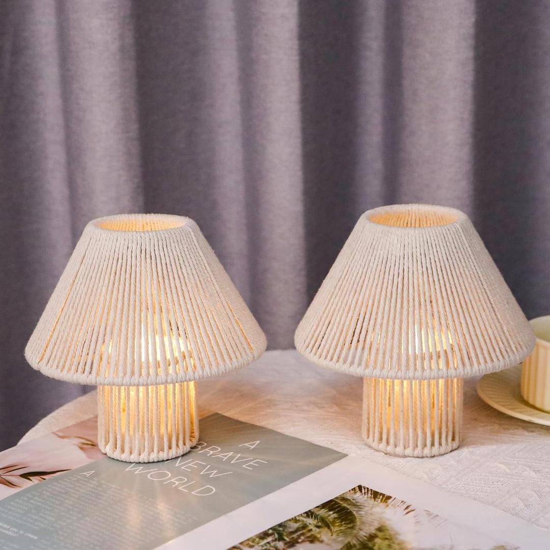 TRIROCKS Woven Cotton Rope LED Cordless Table Lamp Set of 2, 7'' Tall Battery Operated Desk Lamp, Boho Bedside Lamps Great for Living Room Bedroom Weddings Parties Patio Events