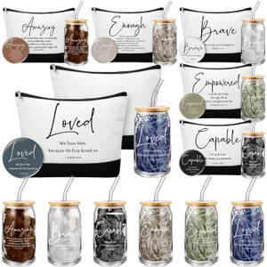 Fumete 6 Sets Christian Women Gift Set Bulk Glass Cup Tumblers Lid Straw Makeup Cosmetic Bag Religious Mini Mirror Easter Church Gift for Pastors Wife Sunday School Teacher(Bible Words,Black)