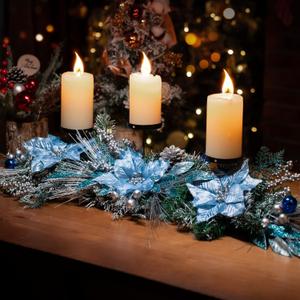 Meonum 37in Christmas Centerpieces for Tables Decorations with 3 Glitter Blue Poinsettia, 3 Candle Holders, 10 Zip Ties, Enchanting Blue Christmas Dining Table Centerpieces Entryway, Mantel, Holiday
