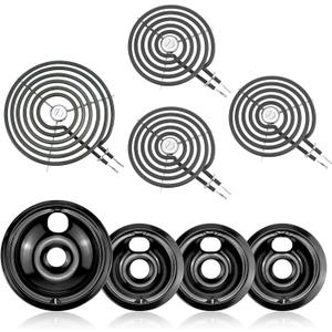 Electric Stove Burner Drip Pans WB31M19(8) WB31M20(6) Electric Stove Top Burner Replacement WB30M1(6") WB30M2(8") Compatible for G-E Hot-point Ken-more General Electric Stove Parts by MIFLUS (Black Drip Pans 1*8in 3*6in and Stove Burner 1*8in 3*6in)