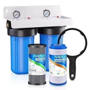 PUREPLUS 2-Stage Whole House Water Filtration System, 10" Universal Home Filtration, with Sediment &Iron Reduce, Carbon Filter, Reduce Iron, Chlorine, Taste, Includes Pressure Gauges, 1" Inlet/Outlet (Blue)