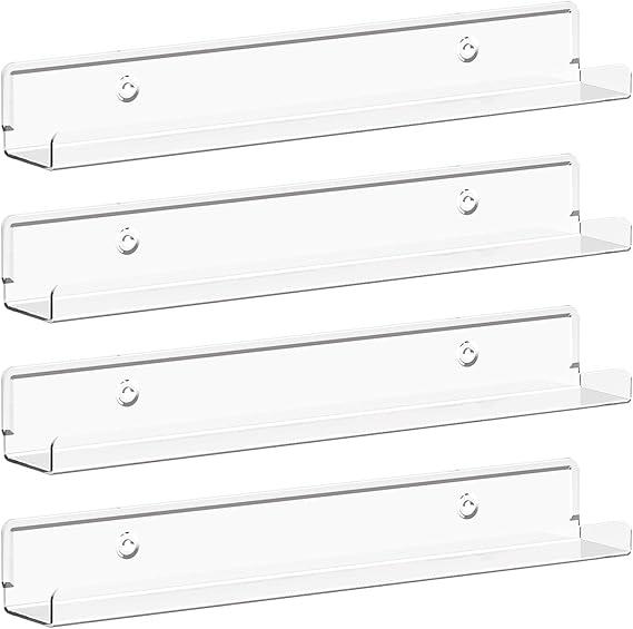Lifewit Floating Shelves for Vinyl Record, 4 Pack 12" Clear Acrylic Wall Shelf Room Decor for Book/Photo/Picture/Makeup Display in Bedroom, Living Room, Bathroom Storage and Organization