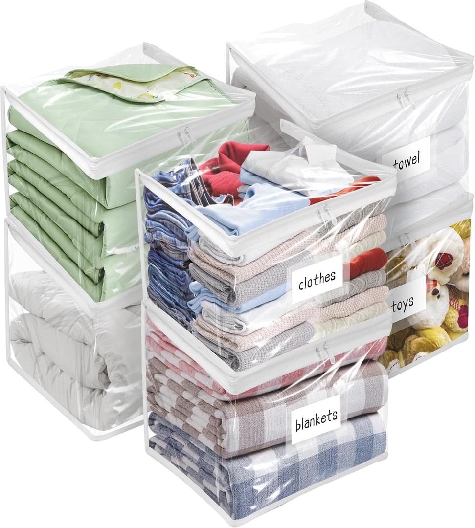 Kikerike Plastic Storage Bags with Easy-Glide Zipper, Pack of 6, Durable Clear Vinyl Zippered Storage Bags for Clothes Sweaters Comforters Blankets Sheets Bedding (12 x 12 x 12 Inch, White)