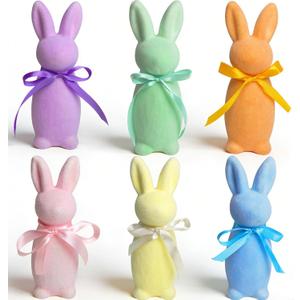 Orgrimmar 6Pcs Easter Flocked Bunny Figurines - 8.8" Bow-Tie Rabbits, Soft Tabletop Ornaments for Home Office Spring Decor & Easter Party Supplies