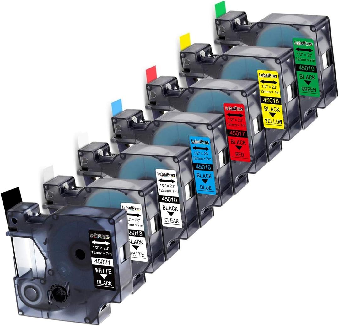 7-Pack Replace DYMO D1 Label Tape 45010 45013 45016 45017 45018 45019 45021 D1 Refills Compatible DYMO LabelManager 160 280 420P PnP 220P 360D 450 210D, 1/2 W x 23 L, 12mm x 7m