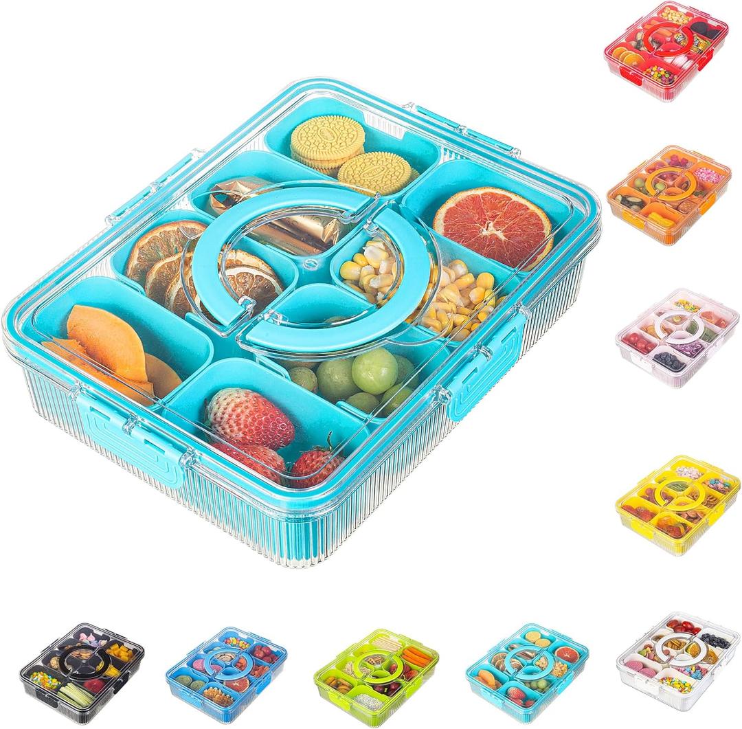 2 x Patent Design Ribbed Snackle Box Container Divided Serving Tray with Lid and Handle -Charcuterie Container Portable Storage Organizer for Candy, Fruit, Beach, Picnics1 pcs, Lake blue