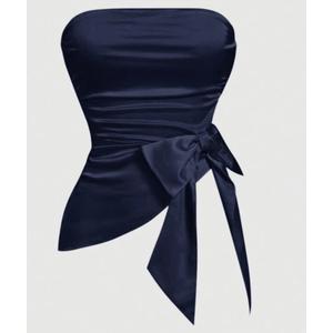 Women's Solid Color Ruched Bandeau Cropped Top With Bow, Satin Elegant Sleeveless Summer Dressy Tops For Women, Navy Blue, XXL