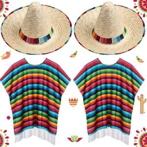 JaGely 4 Pcs Cinco De Mayo Mexican Serape Poncho Fabric and Straw Sombrero Headbands Costume