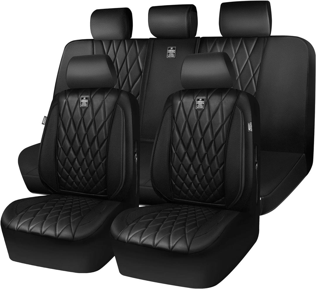 CAR PASS 5 Seats Piping Luxury Faux Leather Seat Covers Full Set, Anti-Slip Waterproof Seat Covers Compatible with Front Armrests, Universal Fit for Suvs,Vans,Trucks,Airbag Compatible, Pure Black