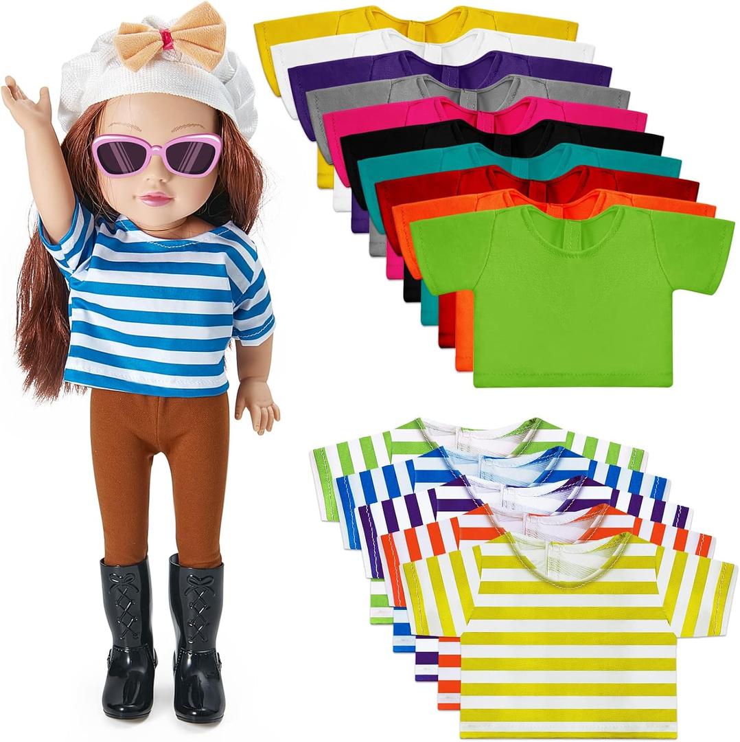 Skylety 15 Pieces 18 Inch Doll Clothes Assorted Colored Doll T-Shirts Summer Clothes with Hook and Loop Fasteners Closure Decoration Accessary Solid and Stripe 15 Types for Pretend Play