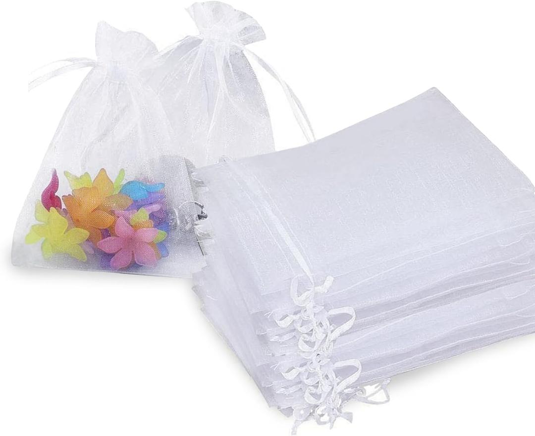 Stratalife Organza Bags 5x7 Drawstring Baggies 100 Pcs Small Mesh Jewelry Pouches Party Favor Goodie Bags for Wedding Tulle Gifts (White)