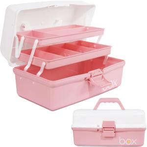 12in 3-Layer Plastic Craft Organizers and Storage, Portable Folding Tackle Box with Handle & Adjustable Dividers, Multipurpose Case for Sewing, Art Supplies, Medicine, Tools (White Pink)