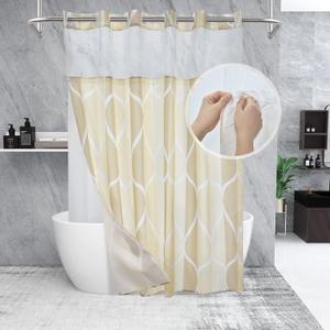 No Hook Ivory Luxury Double Shower Curtain with Snap in Fabric Liner Set-Hotel Style with See Through Mesh Top Window, Modern Geometric Waterdrop Design,71x74 INCH