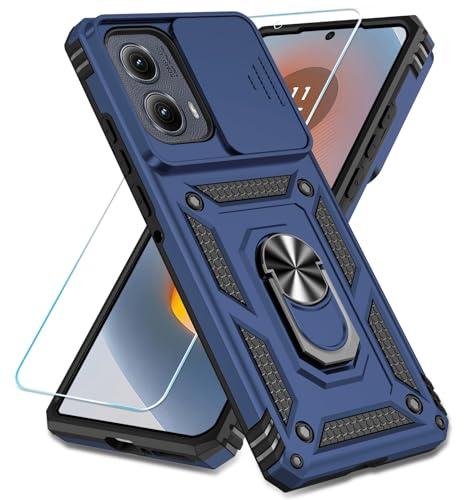 SunStory Compatible with Motorola Moto Edge 2024 Case with HD Screen Protector & Slide Camera Cover & Rotated Ring Kickstand, [Military-Grade] Phone Case for Moto Edge 2024, Blue