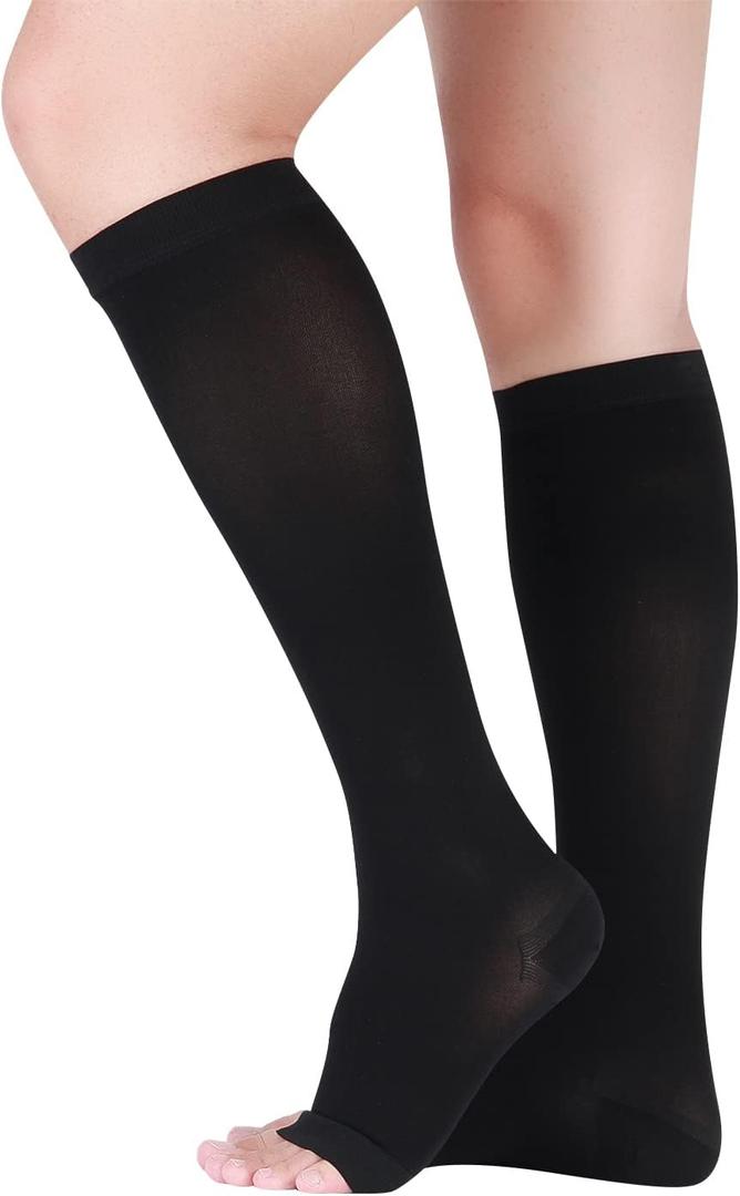 Lin Performance 20-30 mmHg Medical Compression Socks for Women and Men Knee High Open Toe Stockings Varicose Vein Swollen legs(L, Black)