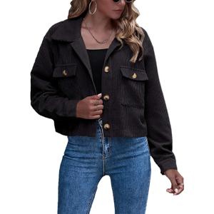 Gihuo Women's Fashion Cropped Shacket Button Down Corduroy Shacket Jackets Casual Plaid Long Sleeve Crop Jackets Tops (X-Large, Black)