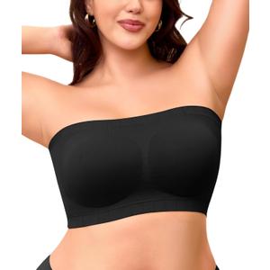 Strapless Bra for Women No Slip Silicone Grip Bandeau Bra with Fixed Pads Convertible Tube Top Bra with Fabric & Clear Straps (Large, Black)