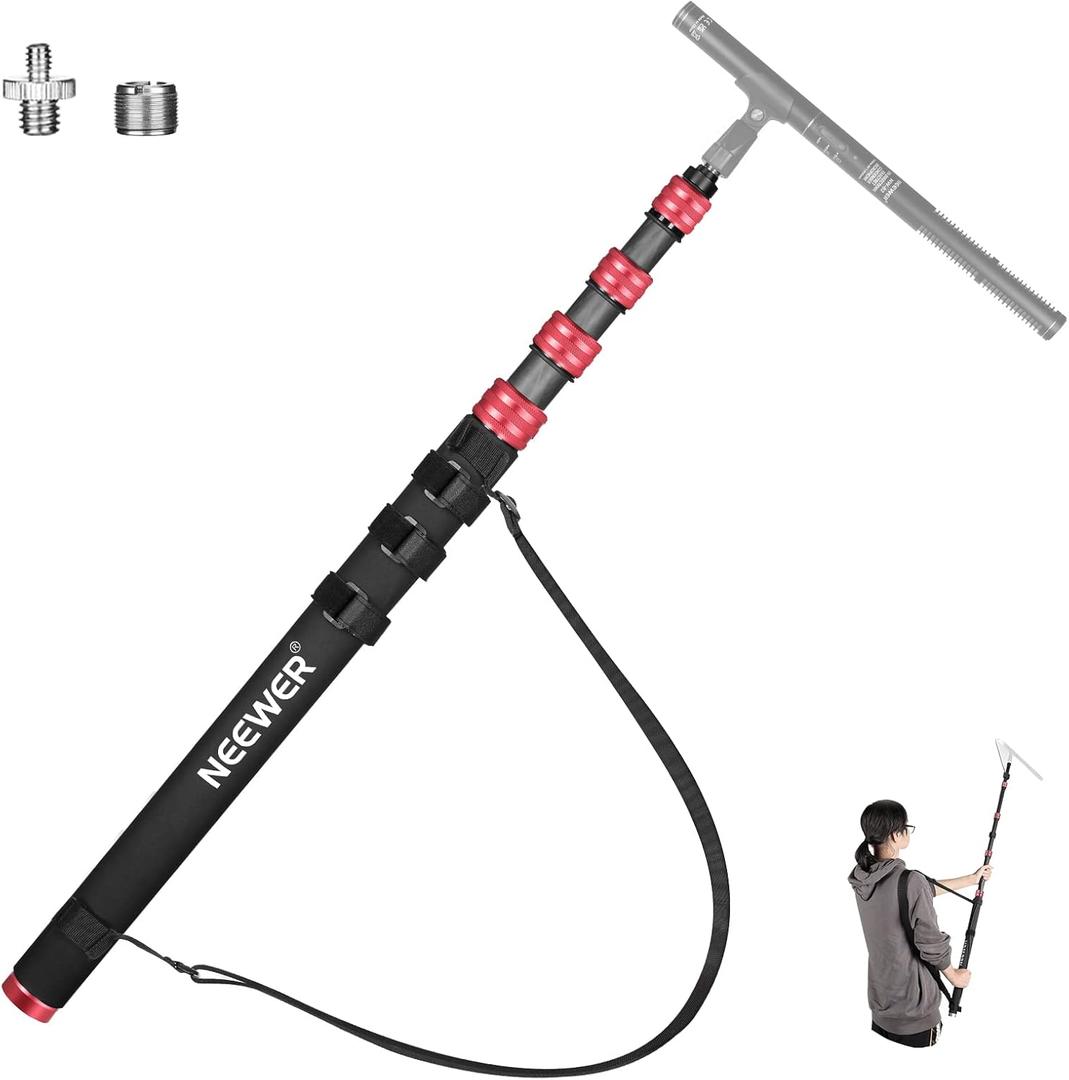 NEEWER Upgraded Microphone Boom Pole, 9.8ft/300cm Telescopic Carbon Fiber Mic Boom Arm with 5 Sections, 1/4" 3/8" 5/8" Screw Adapters, Cable Straps, Shoulder Strap & Storage Bag, MS-300CB (Red)