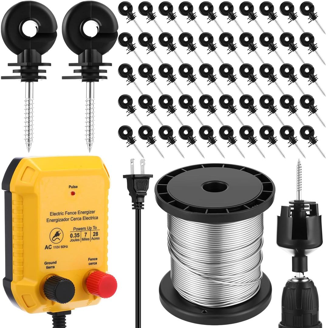 Electric Fence for Preventing Animals Intruding 2 Mile 110VAC 0.35 Joule Electric Plug in Fence, 50 Black Insulator and 1 Socket Tool 250ft Aluminum Wire for Animals and Keep Out Predators