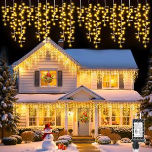 Brightown Icicle Christmas Lights Outdoor, 33FT 1020 LED Cluster Icicle Lights with 51 Drop,12 Mode, Connectable Firecracker Light with Timer, Waterproof Christmas Light Outdoor, Warm White