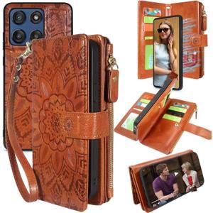 Harryshell Detachable Wallet Leather Case Compatible with Motorola Moto G Stylus 5G 2025 Magnetic Phone Case Zipper with Cash Coin Pocket Multi Card Slots Holder Wrist Strap (Flower Brown)