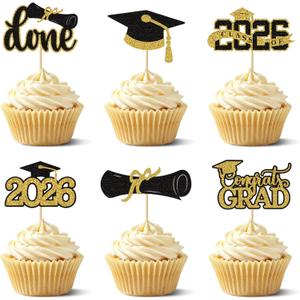 4 x 24Pcs Graduation Cupcake Toppers 2026, Black Gold Glitter Cupcake Picks, Class of 2026 Graduation Party Cake Decorations for Congrats Grad and Party Ceremony