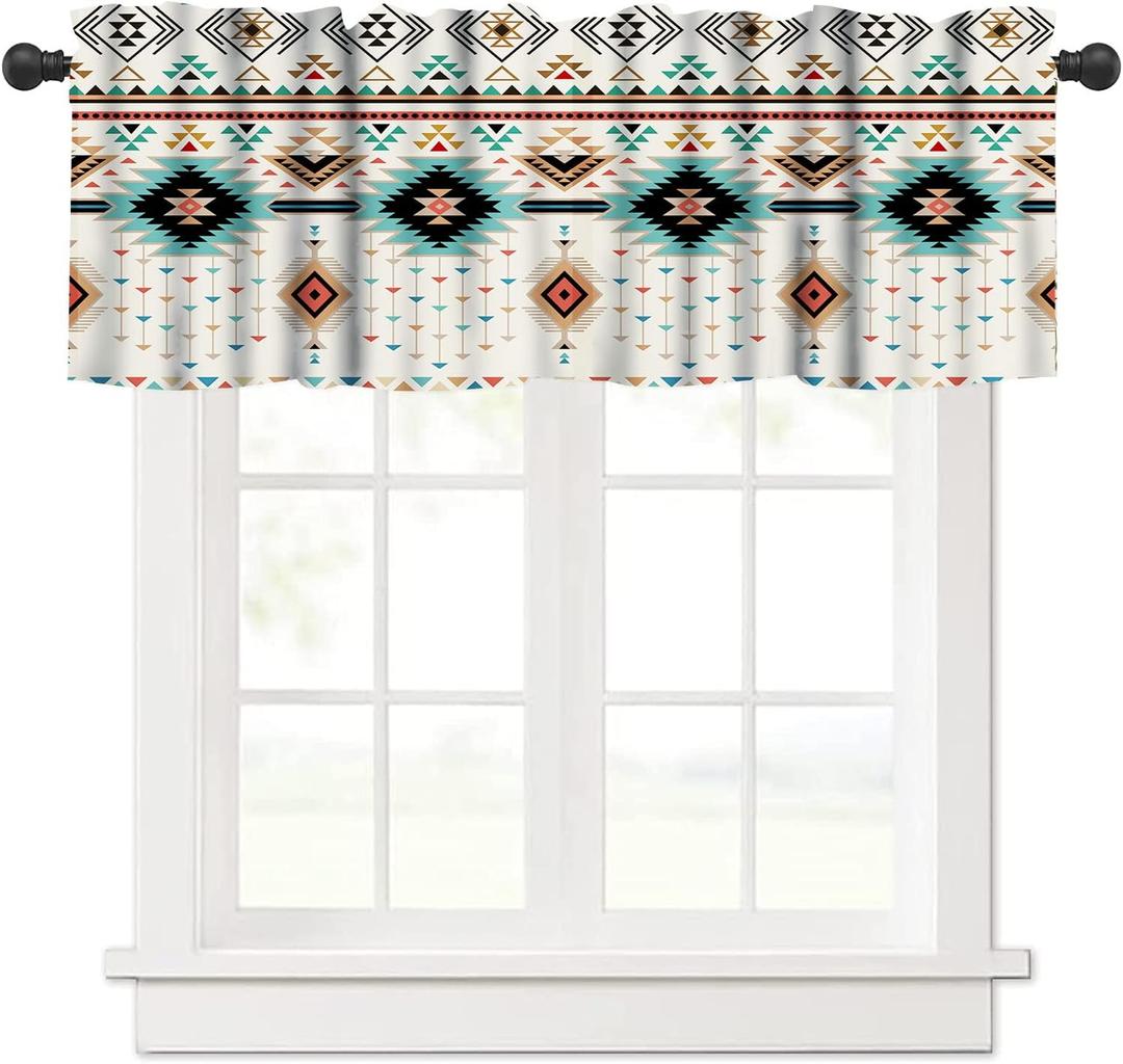 Aztec Kitchen Curtains, Southwestern Native Tribal Valances for Kitchen Window,Boho Geometric Printed Short Curtains for Small Windows Cafe Living Room Bedroom, 54x18 Inch, 1 Panel
